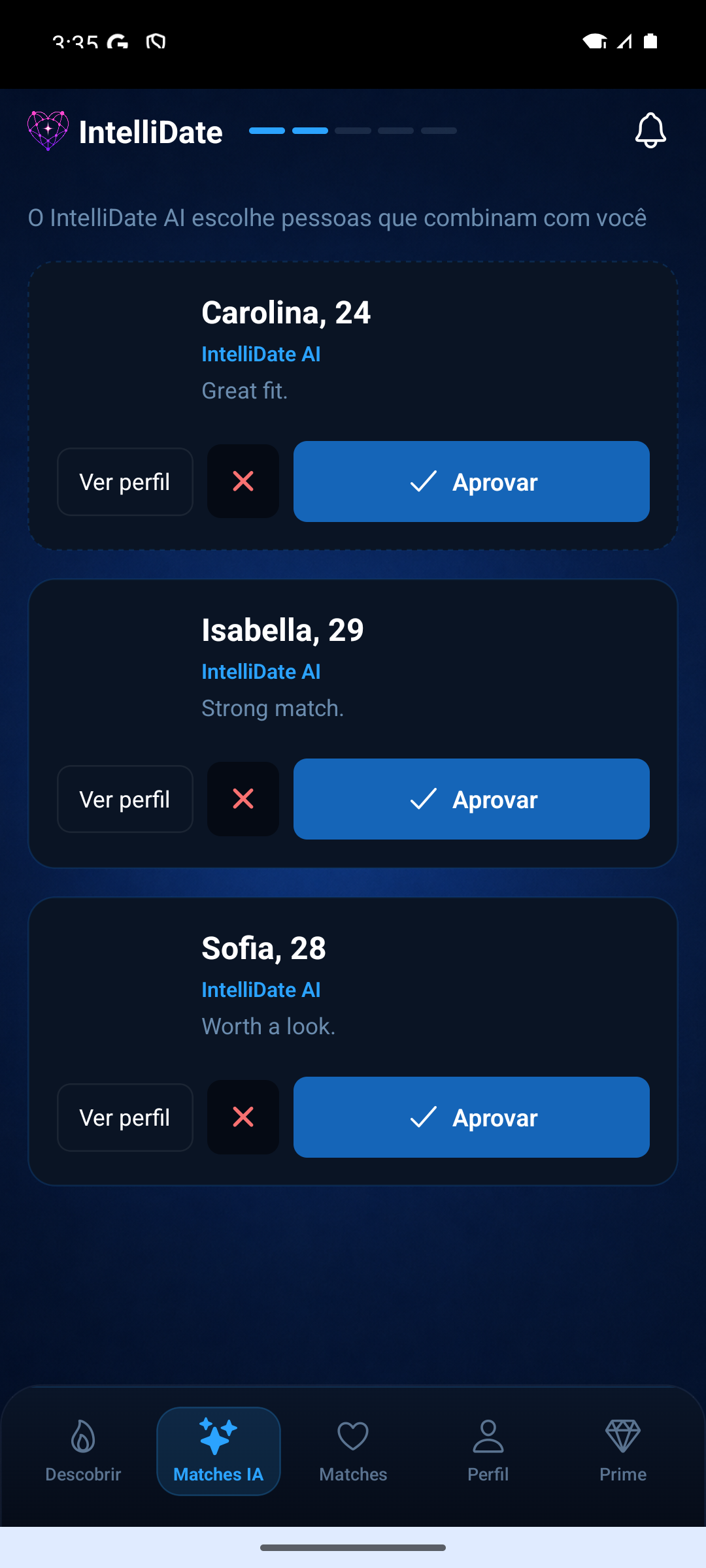 Tela de Matches IA do IntelliDate